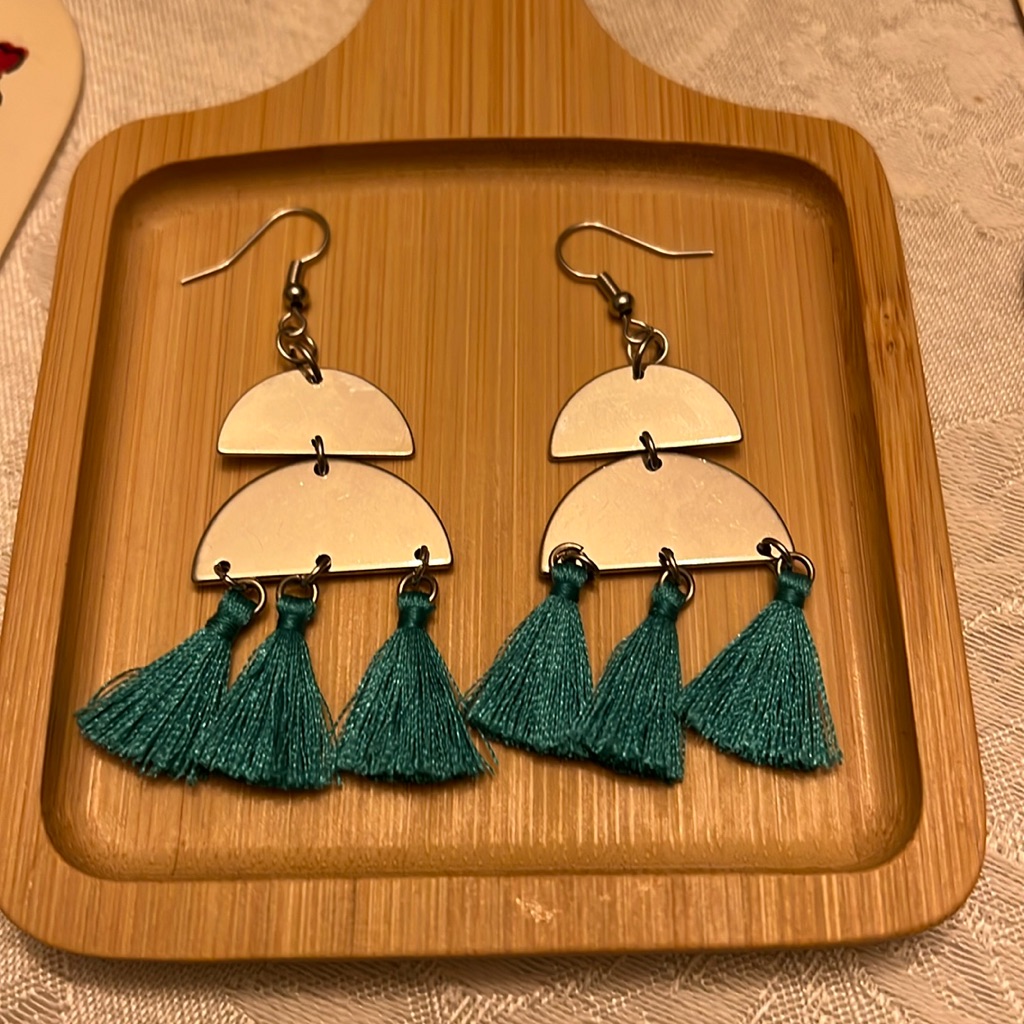 Silver Teal Dangle Tassel Earrings 11$